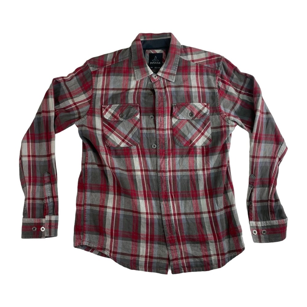 prAna Medium Red Gray Shirt Mens S Maroon Tannler Flannel Button Up Sleeve